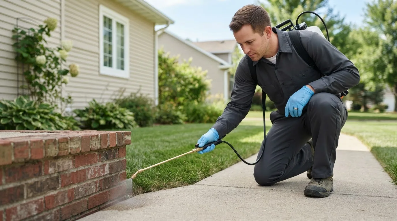 Pest control technician treating a home near Alliance, NE